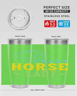 Crazy Horse Lady Style 10# Tumbler featuring a vibrant horse-themed design, double wall vacuum insulation, and a convenient drink-thru lid.