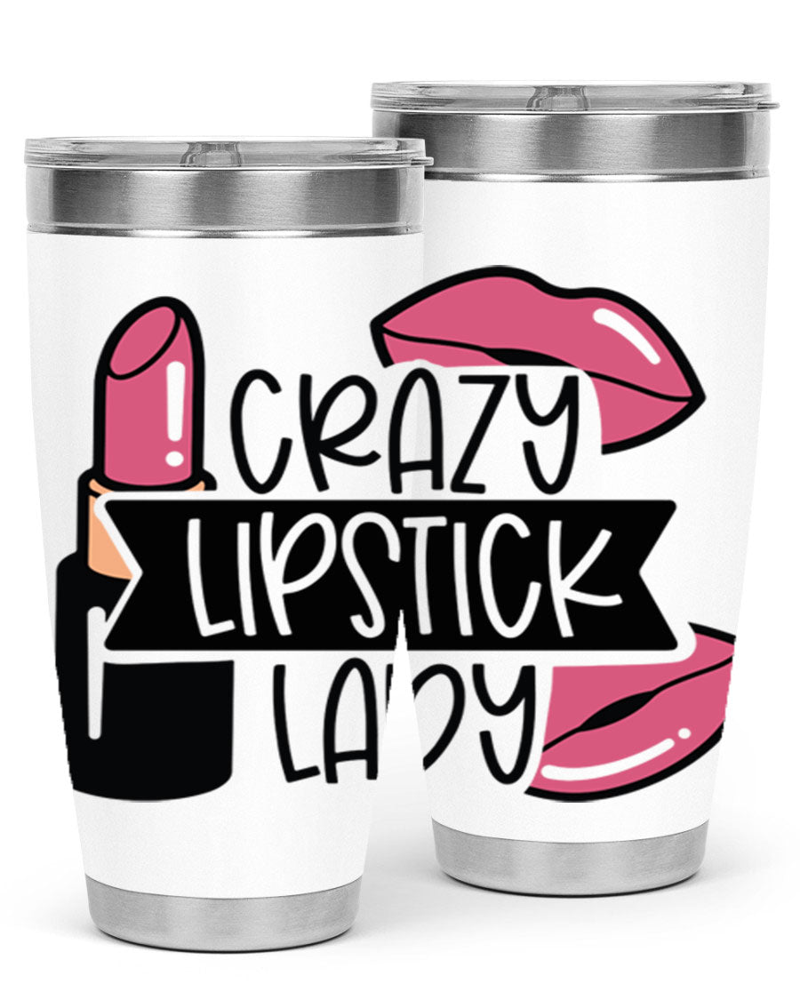 Crazy Lipstick Lady Style 108# 20oz tumbler featuring a vibrant design, double wall vacuum insulation, and a drink-thru lid.