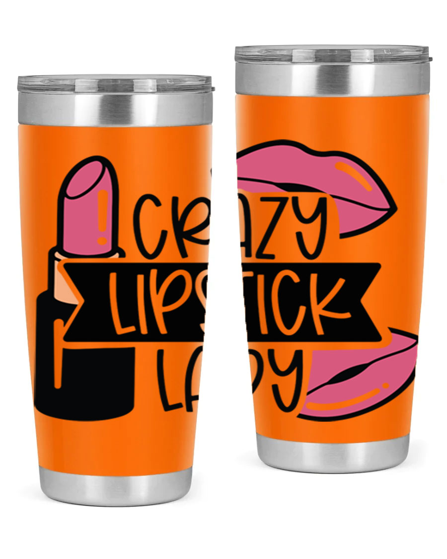 Crazy Lipstick Lady Style 108# 20oz tumbler featuring a vibrant design, double wall vacuum insulation, and a drink-thru lid.
