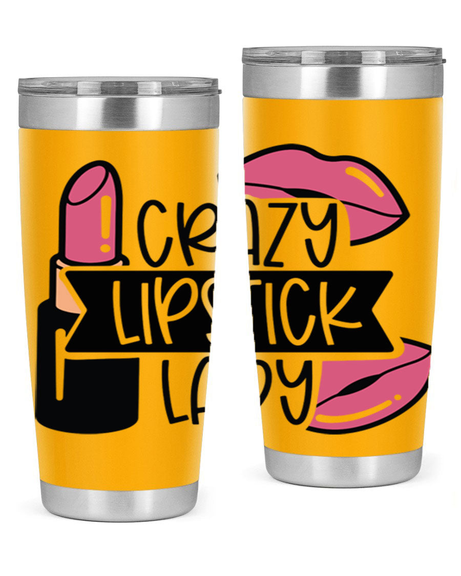 Crazy Lipstick Lady Style 108# 20oz tumbler featuring a vibrant design, double wall vacuum insulation, and a drink-thru lid.