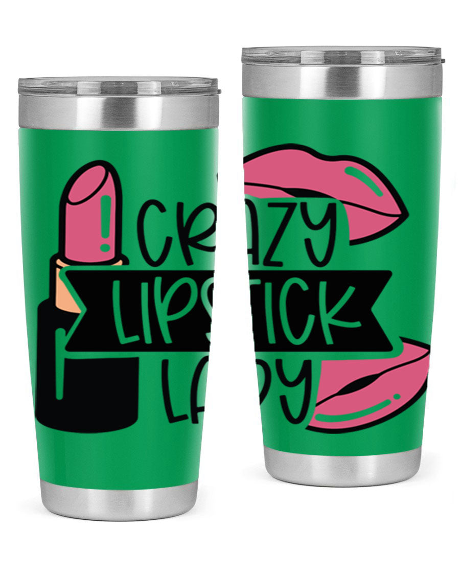 Crazy Lipstick Lady Style 108# 20oz tumbler featuring a vibrant design, double wall vacuum insulation, and a drink-thru lid.