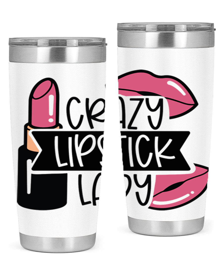 Crazy Lipstick Lady Style 108# 20oz tumbler featuring a vibrant design, double wall vacuum insulation, and a drink-thru lid.