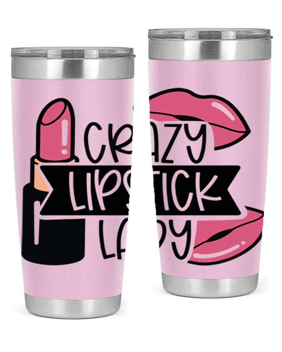 Crazy Lipstick Lady Style 108# 20oz tumbler featuring a vibrant design, double wall vacuum insulation, and a drink-thru lid.