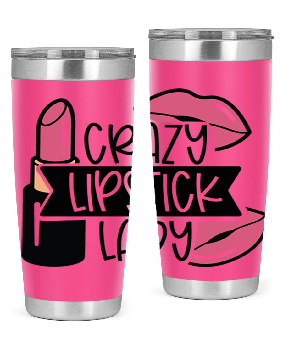 Crazy Lipstick Lady Style 108# 20oz tumbler featuring a vibrant design, double wall vacuum insulation, and a drink-thru lid.