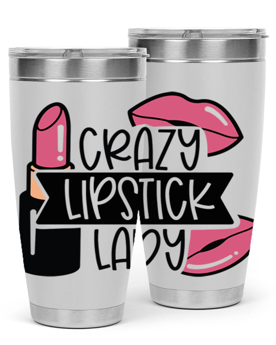 Crazy Lipstick Lady Style 108# 20oz tumbler featuring a vibrant design, double wall vacuum insulation, and a drink-thru lid.