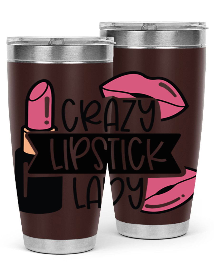 Crazy Lipstick Lady Style 108# 20oz tumbler featuring a vibrant design, double wall vacuum insulation, and a drink-thru lid.