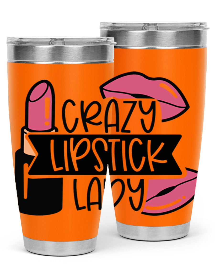 Crazy Lipstick Lady Style 108# 20oz tumbler featuring a vibrant design, double wall vacuum insulation, and a drink-thru lid.