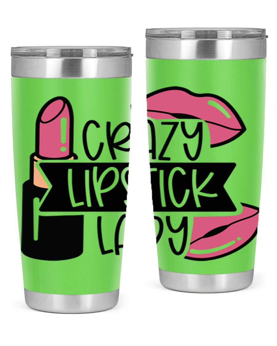 Crazy Lipstick Lady Style 108# 20oz tumbler featuring a vibrant design, double wall vacuum insulation, and a drink-thru lid.