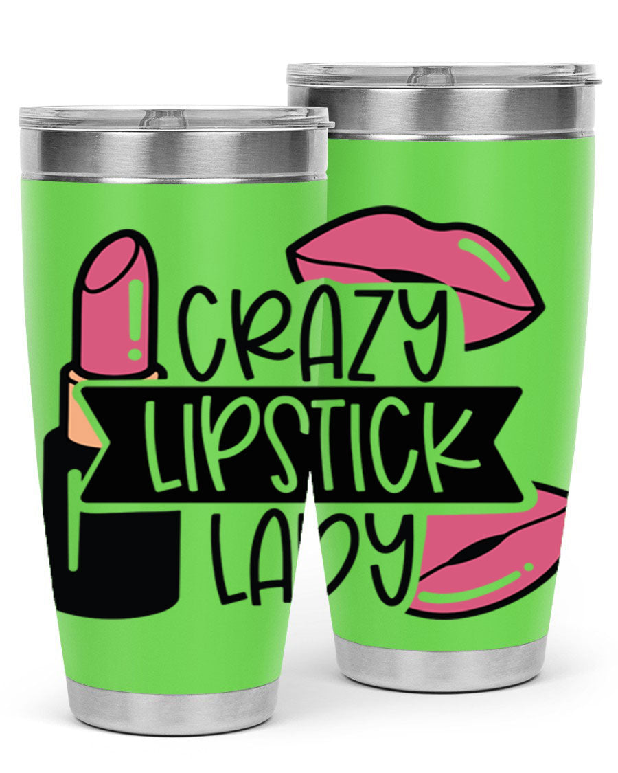 Crazy Lipstick Lady Style 108# 20oz tumbler featuring a vibrant design, double wall vacuum insulation, and a drink-thru lid.