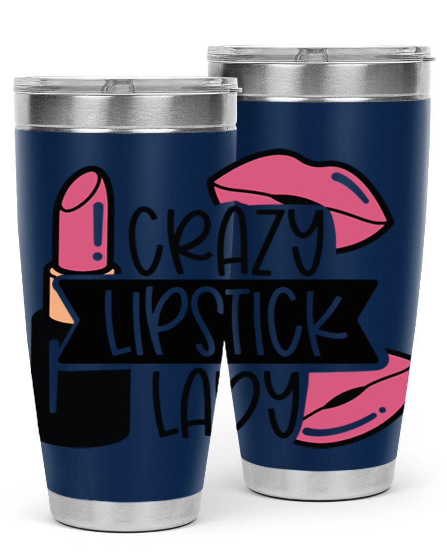 Crazy Lipstick Lady Style 108# 20oz tumbler featuring a vibrant design, double wall vacuum insulation, and a drink-thru lid.