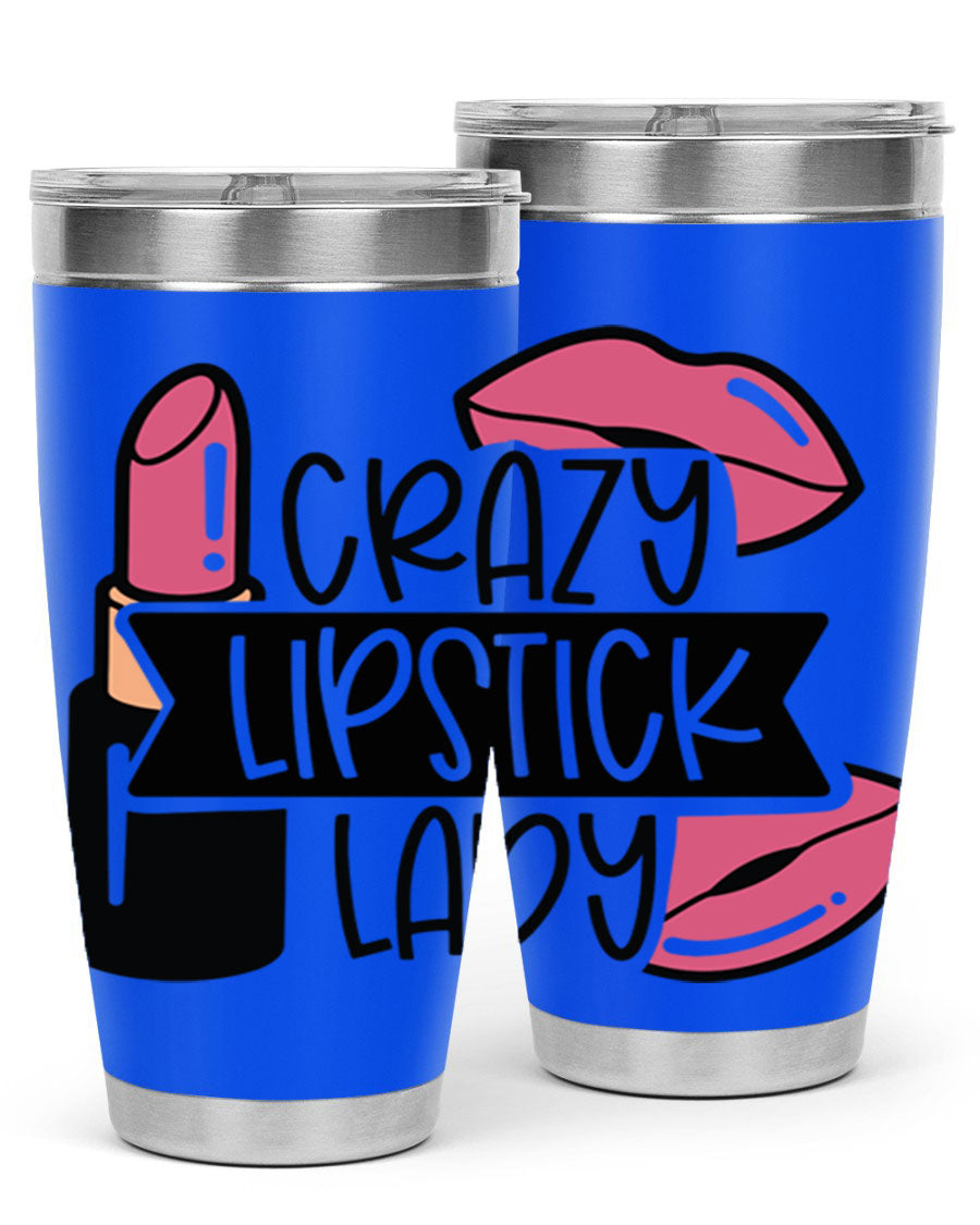 Crazy Lipstick Lady Style 108# 20oz tumbler featuring a vibrant design, double wall vacuum insulation, and a drink-thru lid.