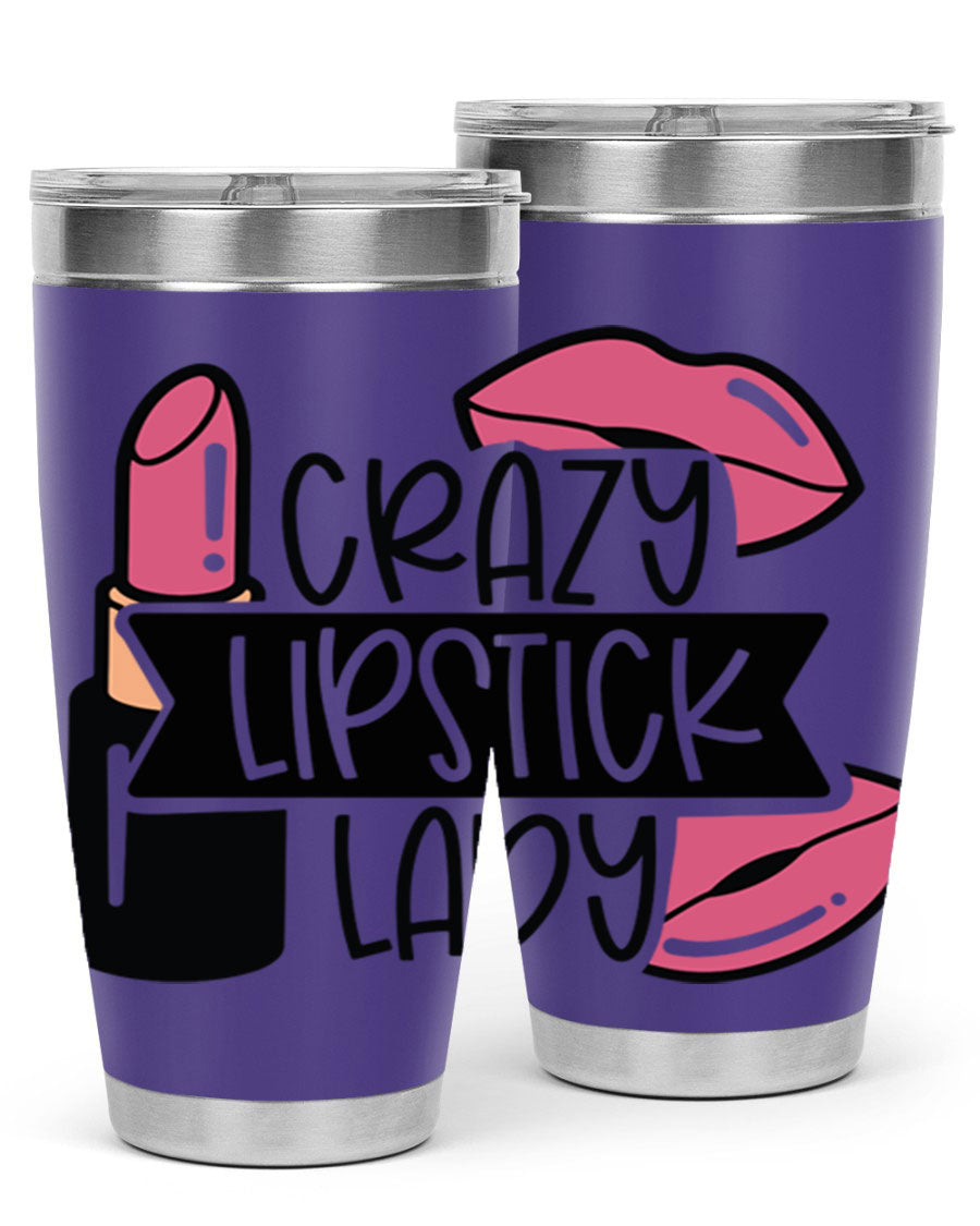 Crazy Lipstick Lady Style 108# 20oz tumbler featuring a vibrant design, double wall vacuum insulation, and a drink-thru lid.