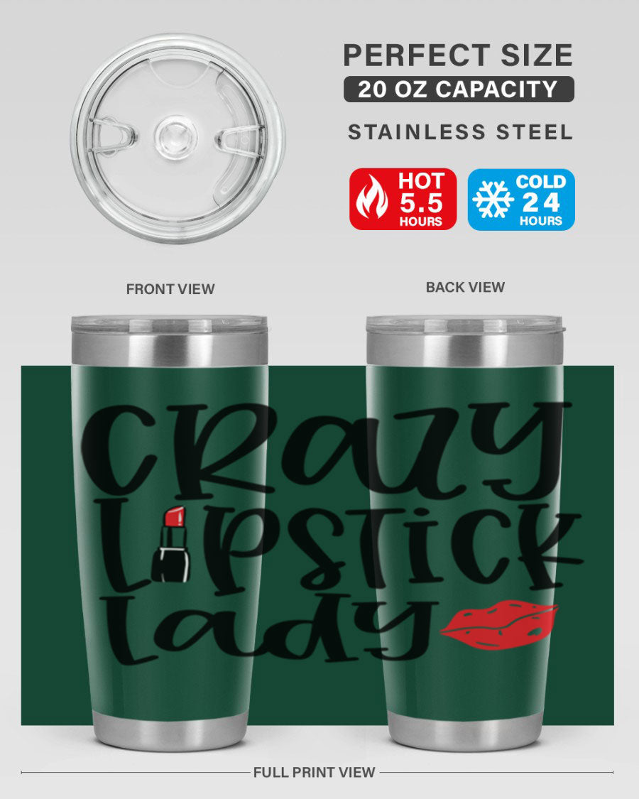 Crazy Lipstick Lady Style 240# Tumbler in vibrant colors, showcasing its double wall vacuum design and drink-thru lid.