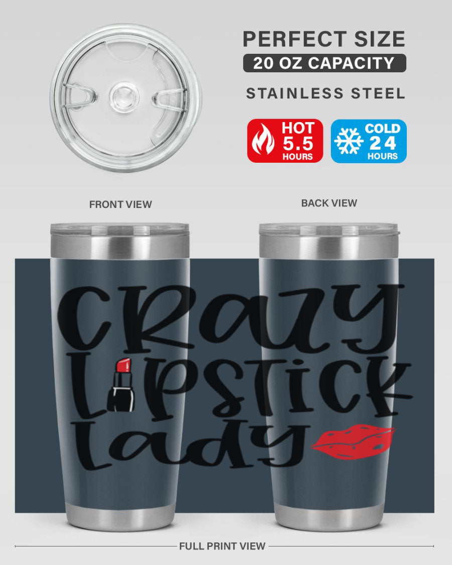 Crazy Lipstick Lady Style 240# Tumbler in vibrant colors, showcasing its double wall vacuum design and drink-thru lid.