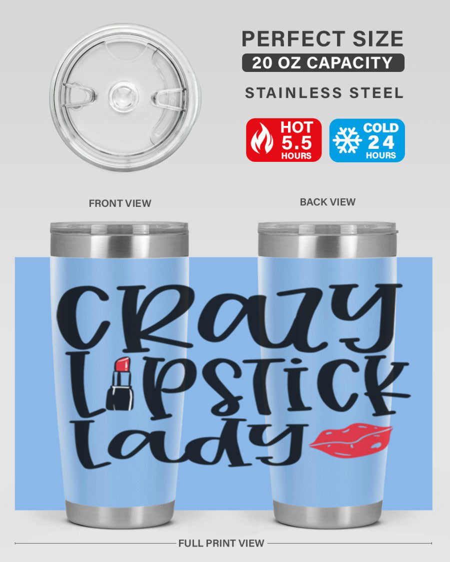 Crazy Lipstick Lady Style 240# Tumbler in vibrant colors, showcasing its double wall vacuum design and drink-thru lid.