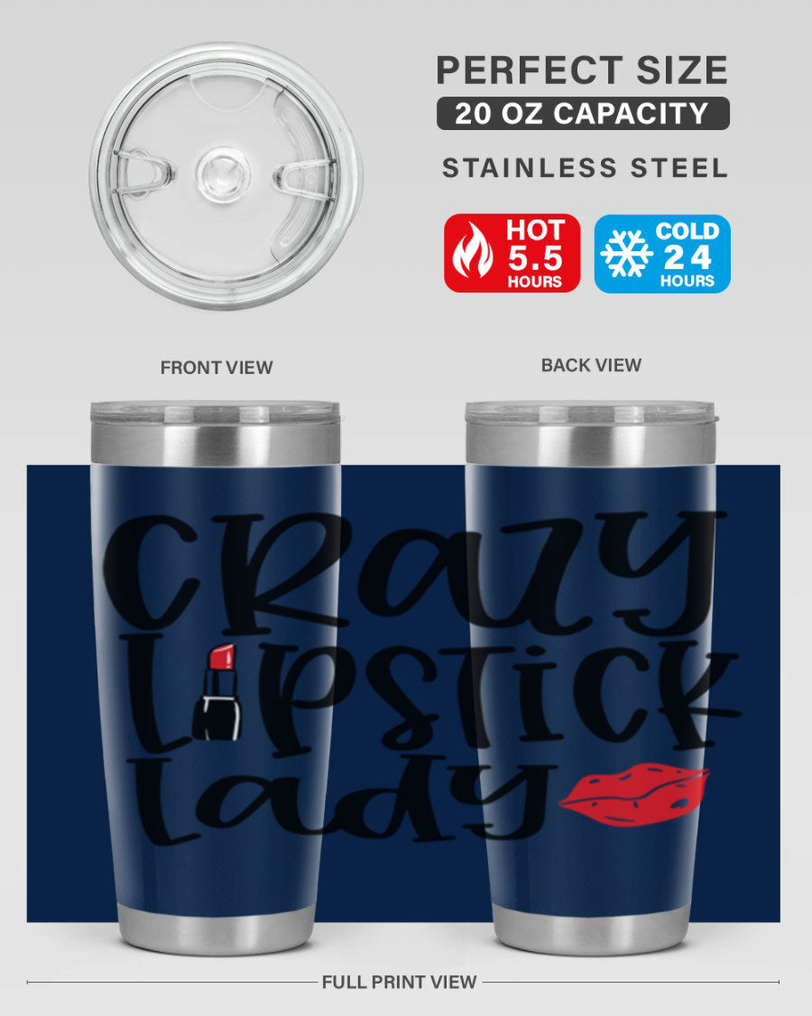 Crazy Lipstick Lady Style 240# Tumbler in vibrant colors, showcasing its double wall vacuum design and drink-thru lid.