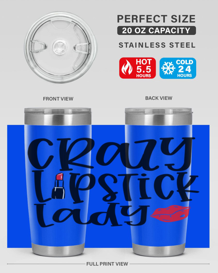 Crazy Lipstick Lady Style 240# Tumbler in vibrant colors, showcasing its double wall vacuum design and drink-thru lid.