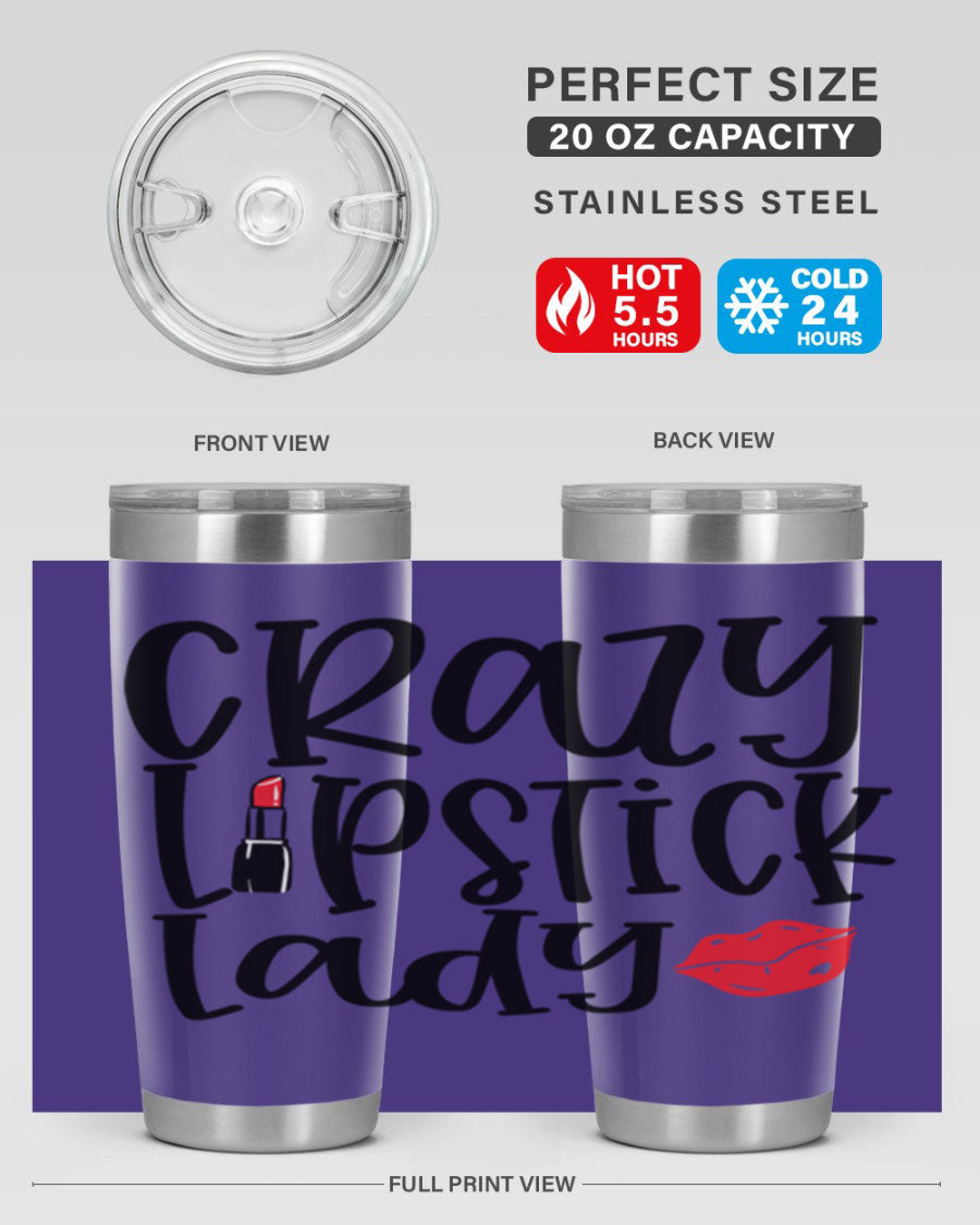 Crazy Lipstick Lady Style 240# Tumbler in vibrant colors, showcasing its double wall vacuum design and drink-thru lid.