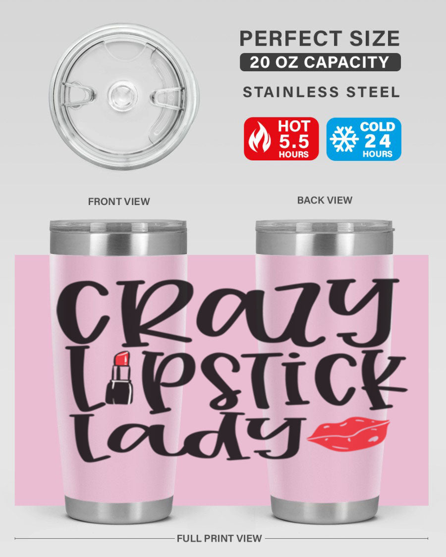 Crazy Lipstick Lady Style 240# Tumbler in vibrant colors, showcasing its double wall vacuum design and drink-thru lid.