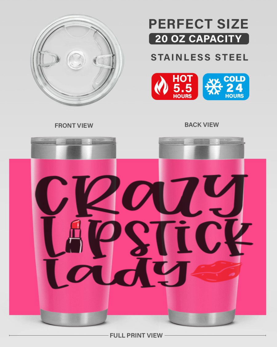 Crazy Lipstick Lady Style 240# Tumbler in vibrant colors, showcasing its double wall vacuum design and drink-thru lid.