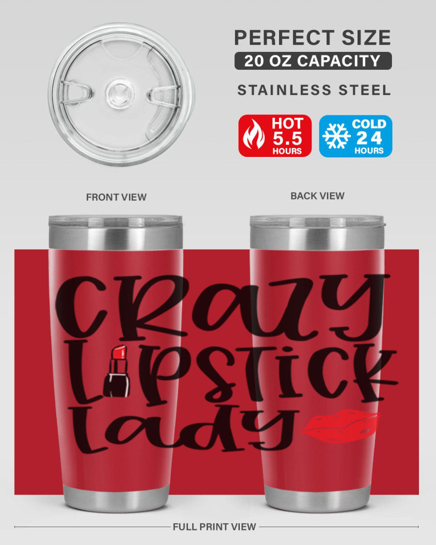 Crazy Lipstick Lady Style 240# Tumbler in vibrant colors, showcasing its double wall vacuum design and drink-thru lid.