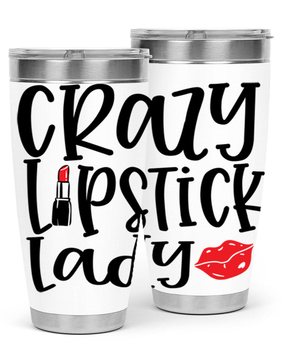 Crazy Lipstick Lady Style 240# Tumbler in vibrant colors, showcasing its double wall vacuum design and drink-thru lid.