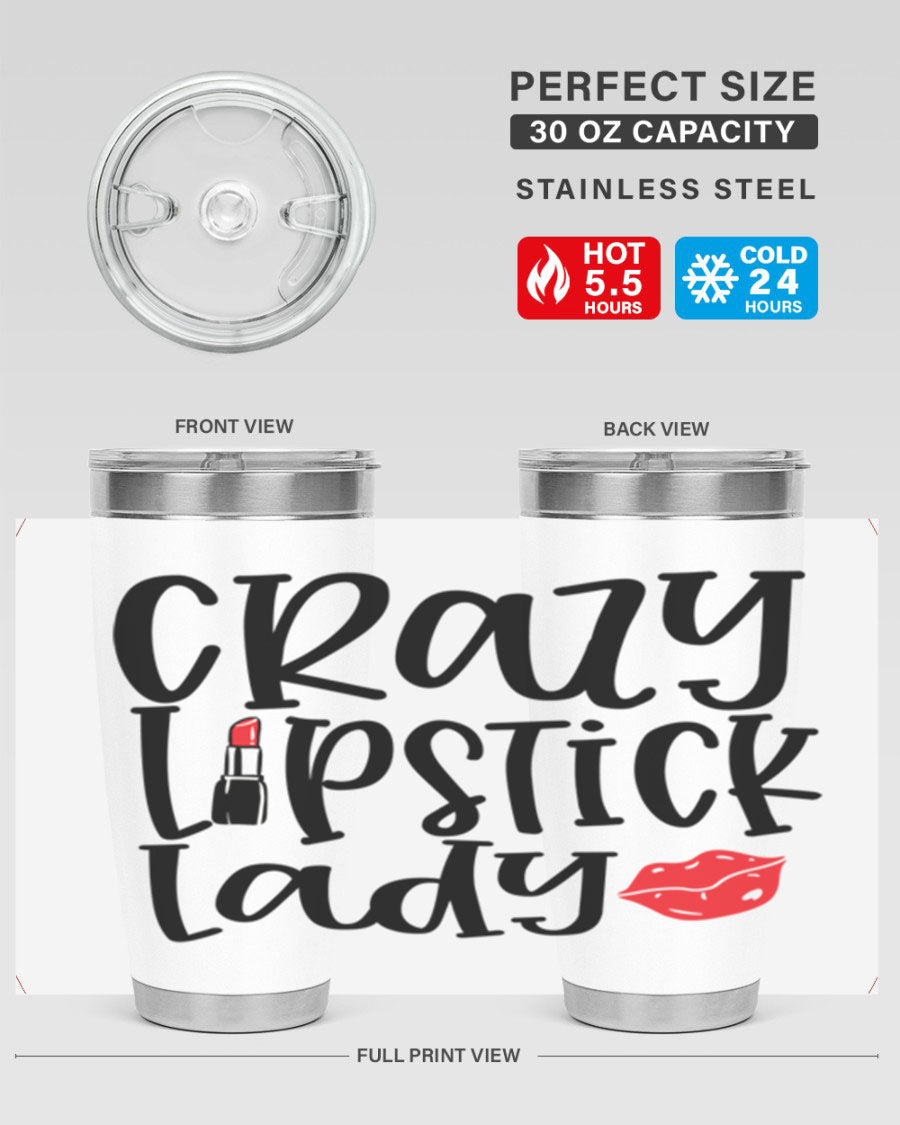 Crazy Lipstick Lady Style 240# Tumbler in vibrant colors, showcasing its double wall vacuum design and drink-thru lid.