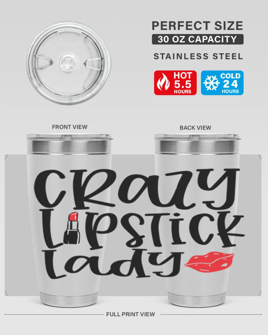 Crazy Lipstick Lady Style 240# Tumbler in vibrant colors, showcasing its double wall vacuum design and drink-thru lid.