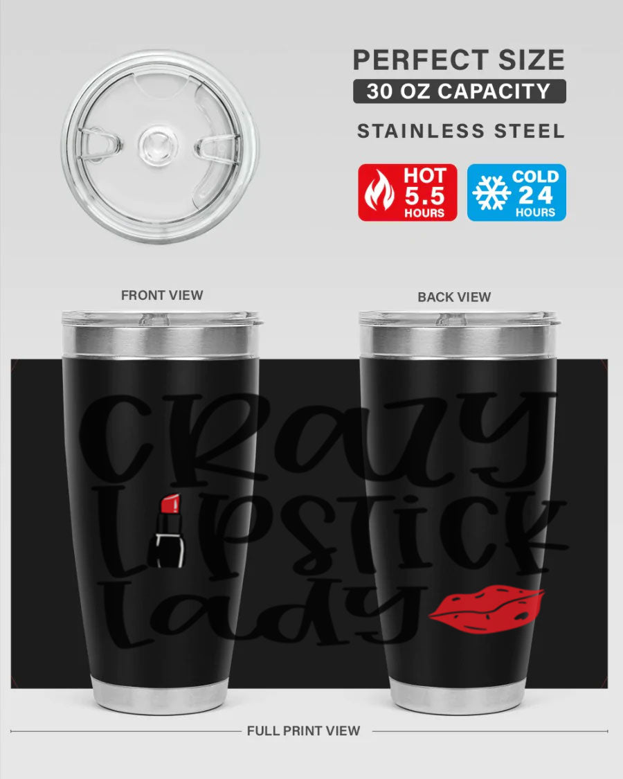 Crazy Lipstick Lady Style 240# Tumbler in vibrant colors, showcasing its double wall vacuum design and drink-thru lid.