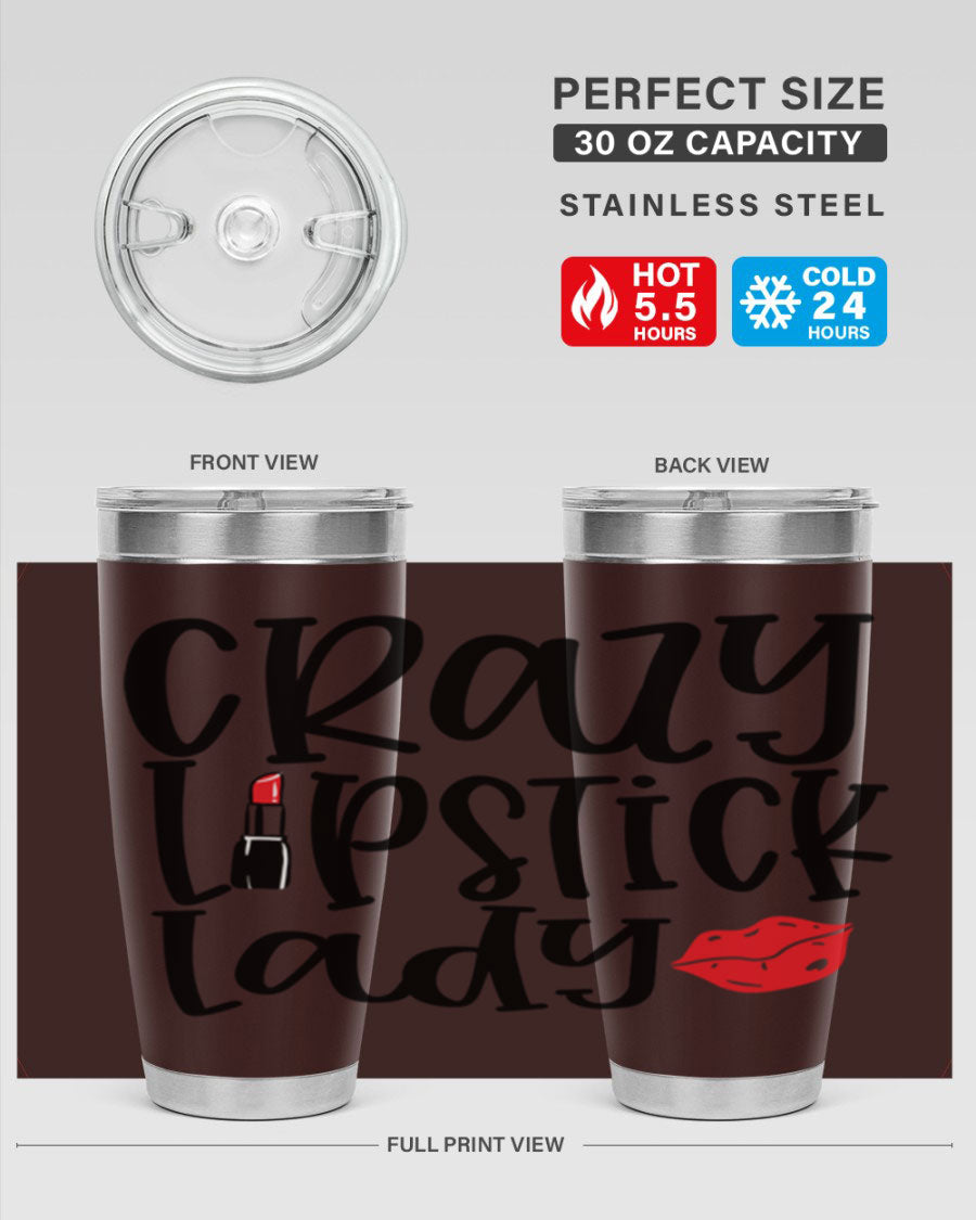 Crazy Lipstick Lady Style 240# Tumbler in vibrant colors, showcasing its double wall vacuum design and drink-thru lid.