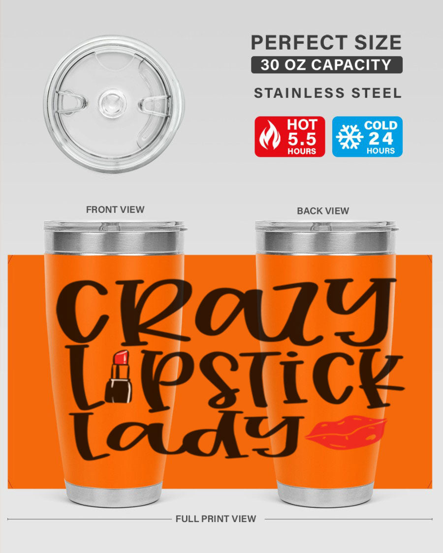 Crazy Lipstick Lady Style 240# Tumbler in vibrant colors, showcasing its double wall vacuum design and drink-thru lid.