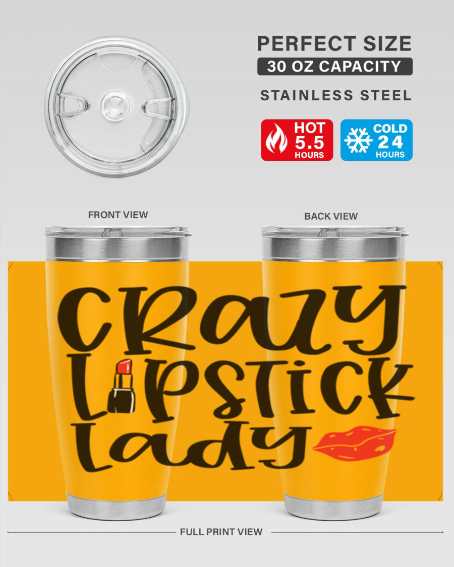 Crazy Lipstick Lady Style 240# Tumbler in vibrant colors, showcasing its double wall vacuum design and drink-thru lid.