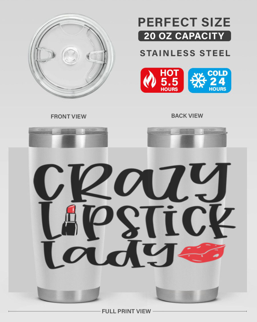 Crazy Lipstick Lady Style 240# Tumbler in vibrant colors, showcasing its double wall vacuum design and drink-thru lid.