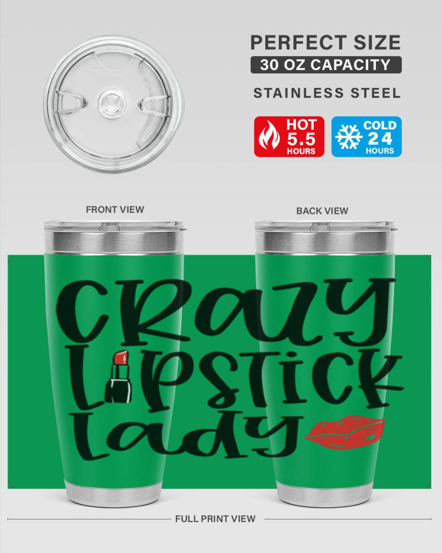 Crazy Lipstick Lady Style 240# Tumbler in vibrant colors, showcasing its double wall vacuum design and drink-thru lid.