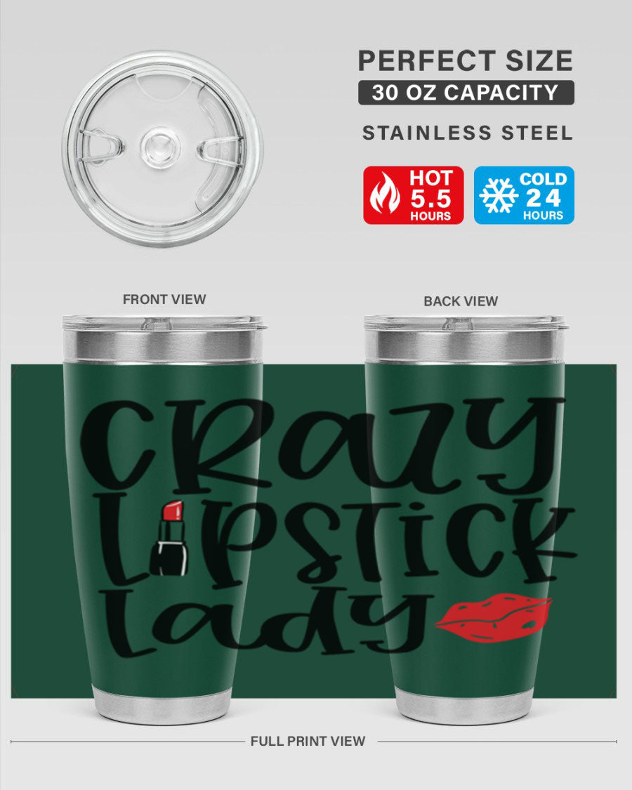 Crazy Lipstick Lady Style 240# Tumbler in vibrant colors, showcasing its double wall vacuum design and drink-thru lid.