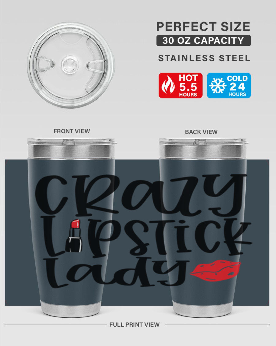 Crazy Lipstick Lady Style 240# Tumbler in vibrant colors, showcasing its double wall vacuum design and drink-thru lid.
