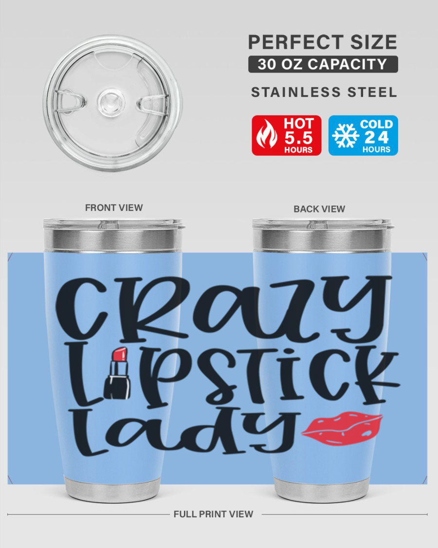 Crazy Lipstick Lady Style 240# Tumbler in vibrant colors, showcasing its double wall vacuum design and drink-thru lid.