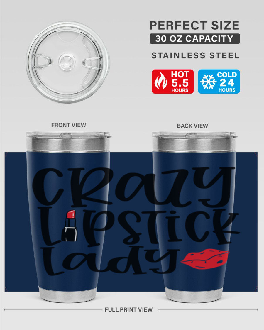 Crazy Lipstick Lady Style 240# Tumbler in vibrant colors, showcasing its double wall vacuum design and drink-thru lid.