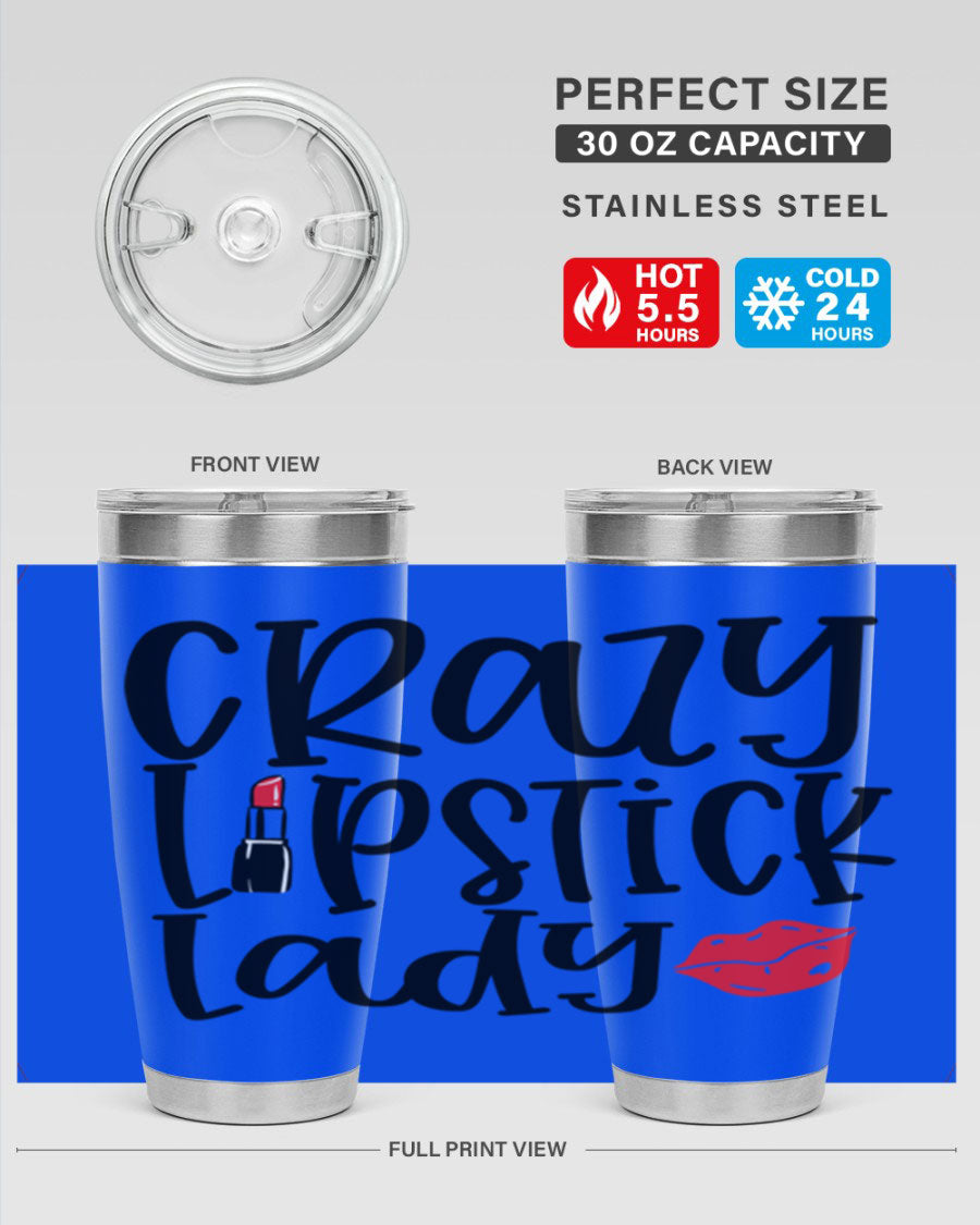 Crazy Lipstick Lady Style 240# Tumbler in vibrant colors, showcasing its double wall vacuum design and drink-thru lid.