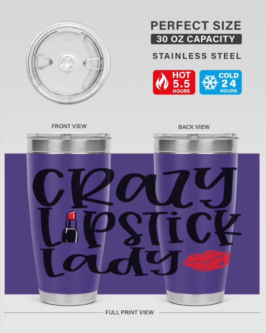 Crazy Lipstick Lady Style 240# Tumbler in vibrant colors, showcasing its double wall vacuum design and drink-thru lid.