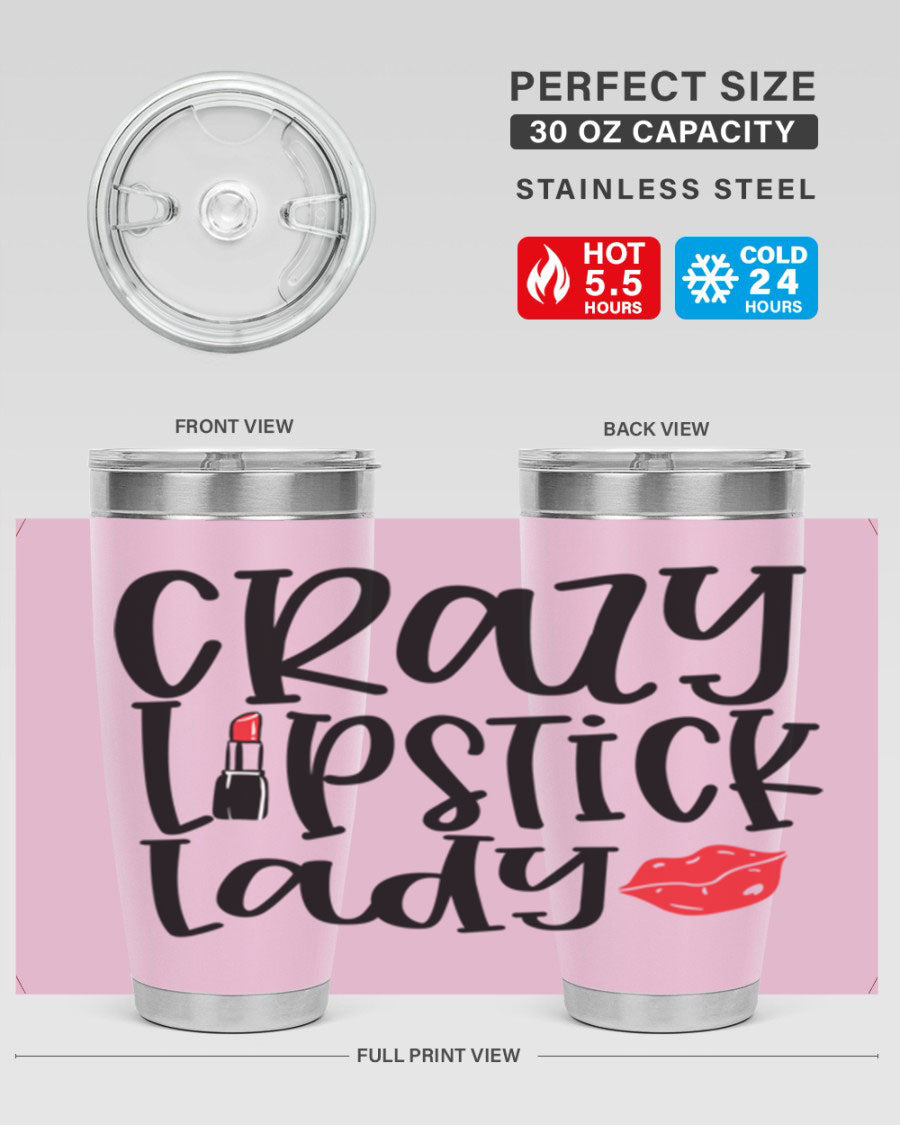Crazy Lipstick Lady Style 240# Tumbler in vibrant colors, showcasing its double wall vacuum design and drink-thru lid.