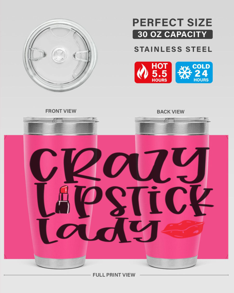 Crazy Lipstick Lady Style 240# Tumbler in vibrant colors, showcasing its double wall vacuum design and drink-thru lid.