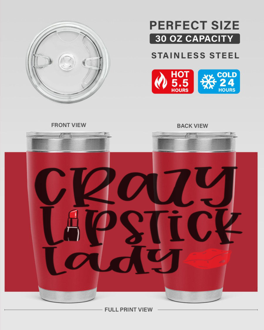 Crazy Lipstick Lady Style 240# Tumbler in vibrant colors, showcasing its double wall vacuum design and drink-thru lid.