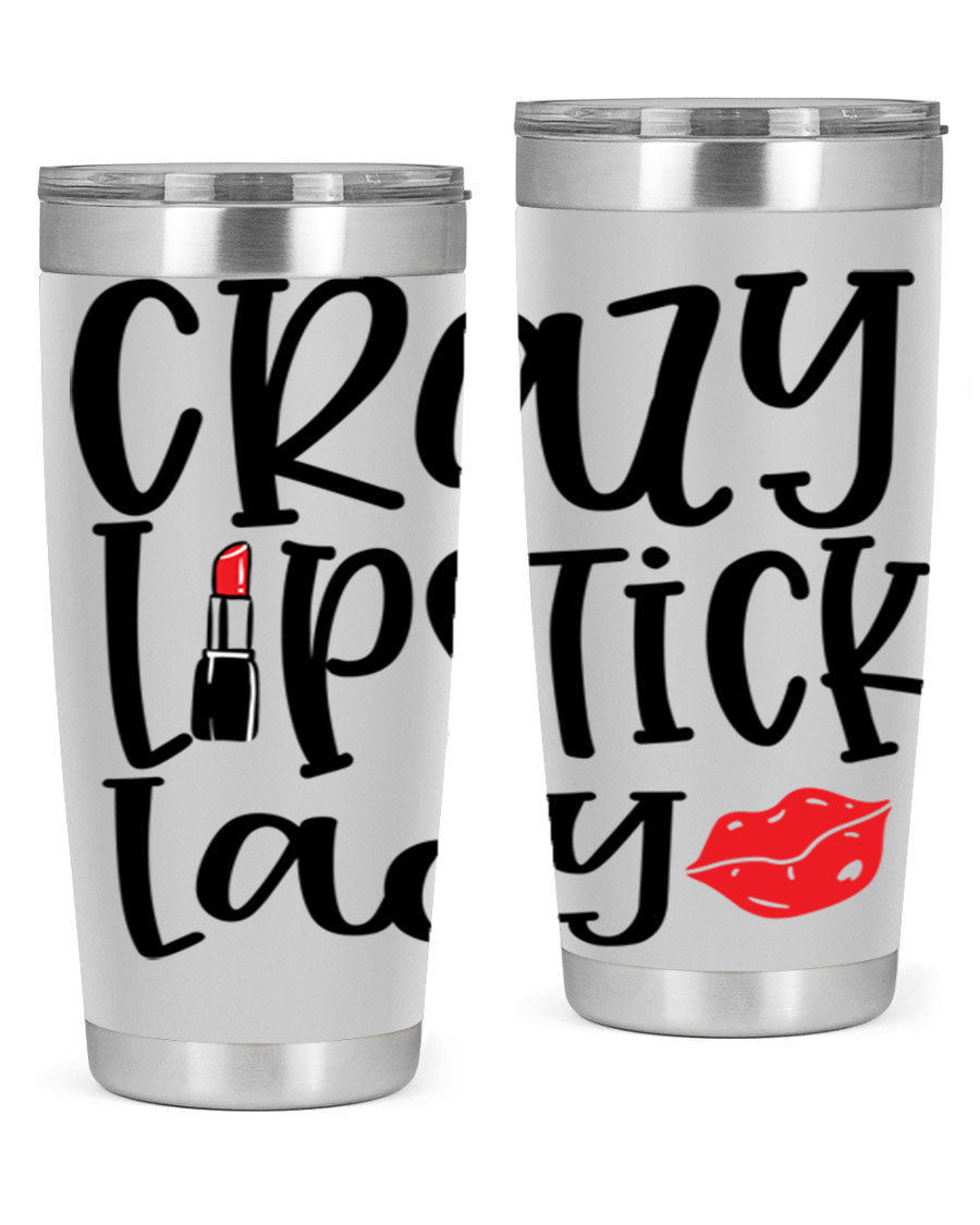 Crazy Lipstick Lady Style 240# Tumbler in vibrant colors, showcasing its double wall vacuum design and drink-thru lid.