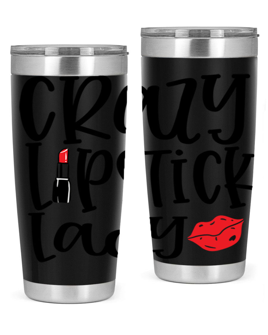 Crazy Lipstick Lady Style 240# Tumbler in vibrant colors, showcasing its double wall vacuum design and drink-thru lid.