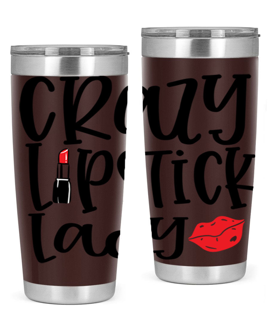 Crazy Lipstick Lady Style 240# Tumbler in vibrant colors, showcasing its double wall vacuum design and drink-thru lid.