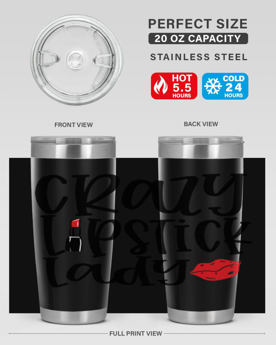 Crazy Lipstick Lady Style 240# Tumbler in vibrant colors, showcasing its double wall vacuum design and drink-thru lid.