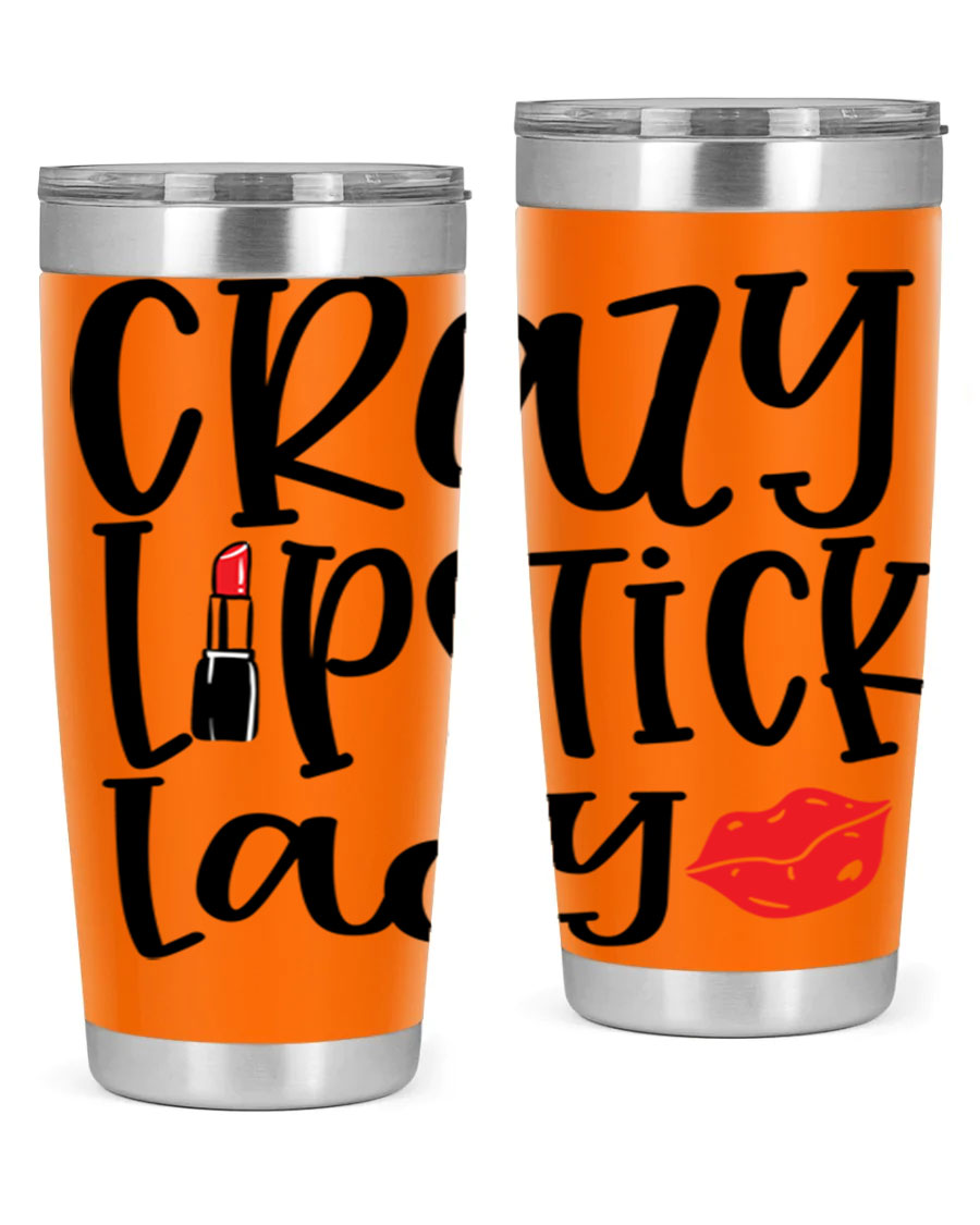 Crazy Lipstick Lady Style 240# Tumbler in vibrant colors, showcasing its double wall vacuum design and drink-thru lid.