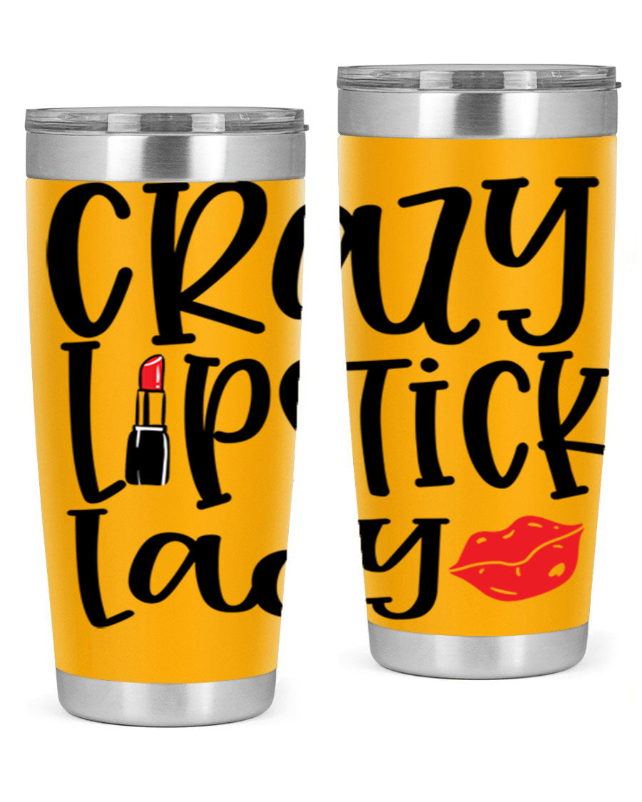 Crazy Lipstick Lady Style 240# Tumbler in vibrant colors, showcasing its double wall vacuum design and drink-thru lid.