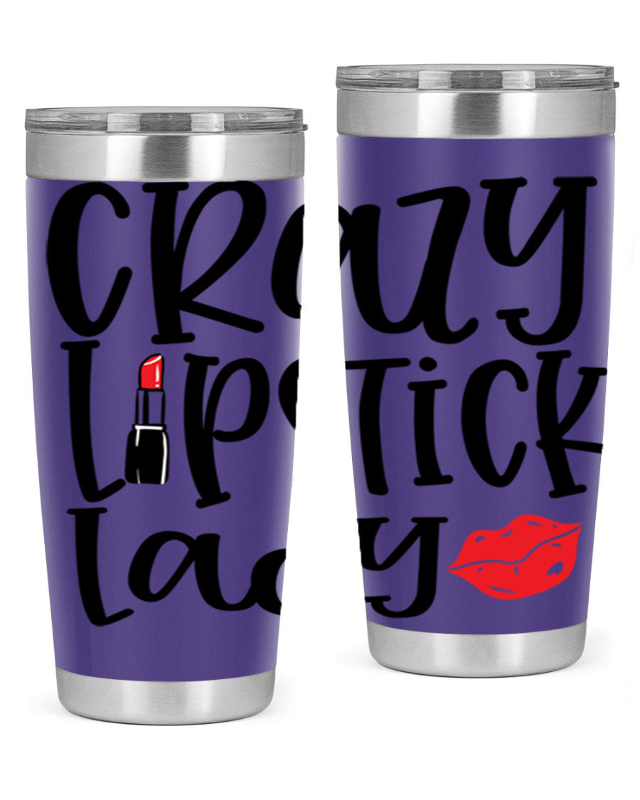 Crazy Lipstick Lady Style 240# Tumbler in vibrant colors, showcasing its double wall vacuum design and drink-thru lid.